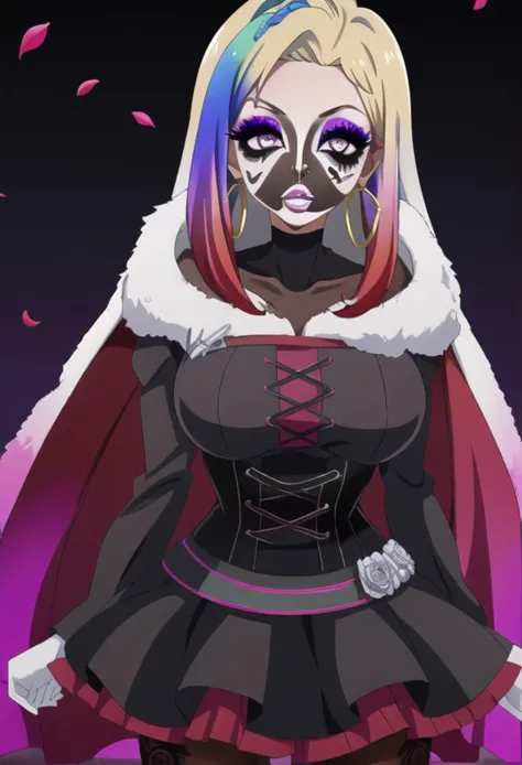 a woman in a black dress and a mask with a pink hair