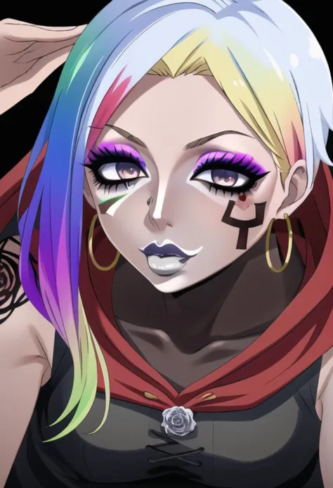 a close up of a person with colorful hair and a black top