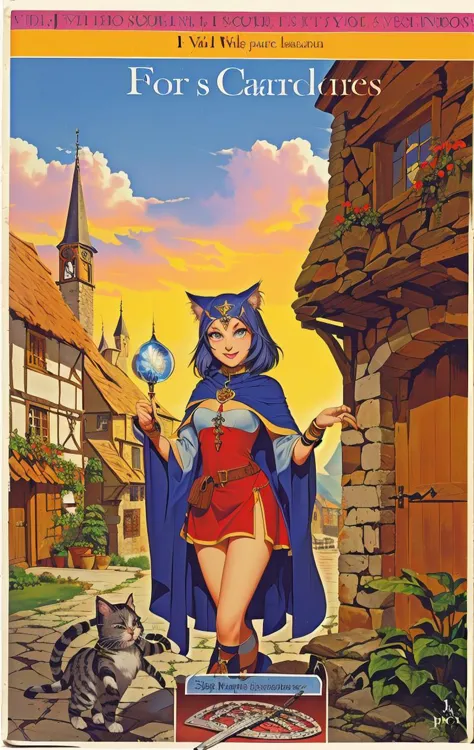 cover book, catgirl wizard, medieval village<lora:Fighting_Fantasy_Gamebook:1>