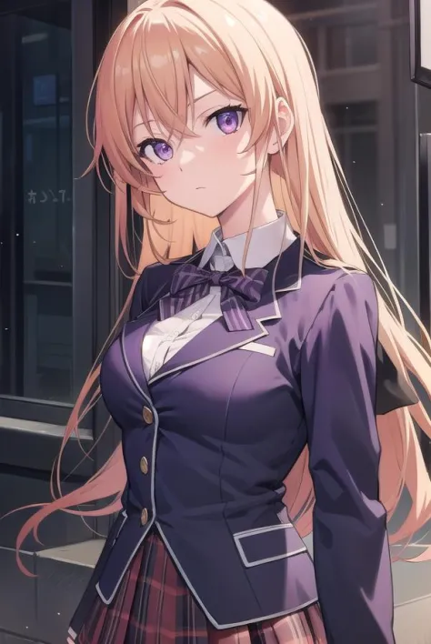 erinanakiri, erina nakiri, blonde hair, (medium breasts:1.2), long hair, (purple eyes:1.5), BREAK bow, red bow, skirt, thighhighs, , jacket, pleated skirt, black thighhighs, zettai ryouiki, plaid, plaid skirt, blazer, BREAK looking at viewer, BREAK outside, BREAK (masterpiece:1.2), best quality, high resolution, unity 8k wallpaper, (illustration:0.8), (beautiful detailed eyes:1.6), extremely detailed face, perfect lighting, extremely detailed CG, (perfect hands, perfect anatomy),