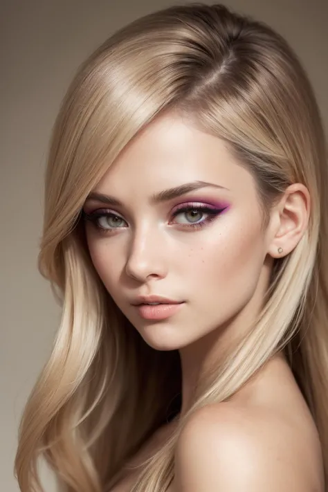 a woman with long blonde hair and purple eyes is posing