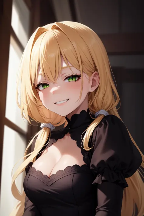 (masterpiece, best quality:1.2), extremely detailed, ambient soft lighting, 4K, quality,
1girl, solo, upper body,
blonde hair, high twintails, long hair,
green eyes, long eyelashes, thick eyelashes, half-closed eyes, looking at viewer,
black dress, (puffy ...