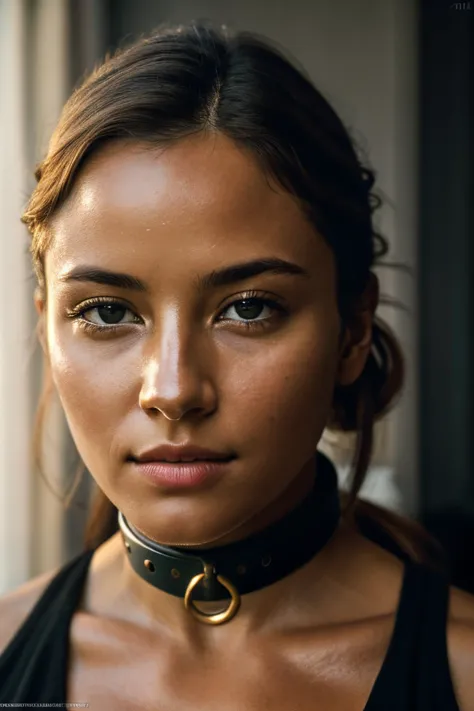 a close up of a woman with a black top and a choke