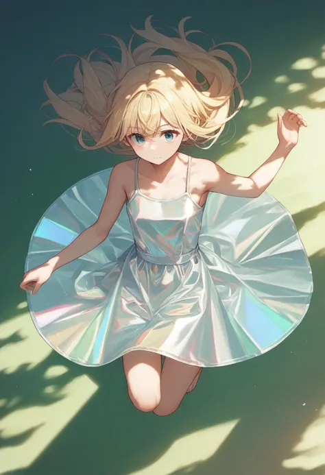 score_9, score_8_up, score_7_up, score_6_up, source_anime, <lora:holographic_v0.2-pony:1>
1girl, blonde hair, 
holographic sundress, dappled sunlight, jumping, from above,