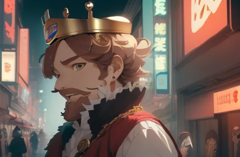 anime character with a crown on his head in a crowded city