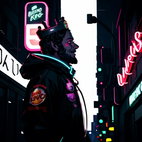 a man, <lora:ARWBurgerKingMascot:1> The burgerking mascot as the head of a Shadowrun MegaCorp, ordering his goons to destroy the competition, (Neon noir :1.3), Cyberpunk, dark, rainy streets, neon signs, high contrast, low light, vibrant, highly detailed, profile view, side body view, upper body view, Looking at something