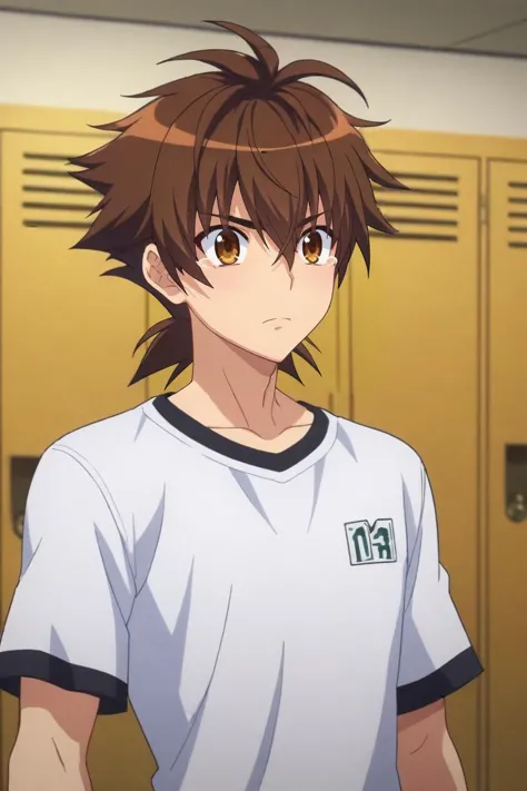 a man with brown hair and a white shirt standing in front of a locker