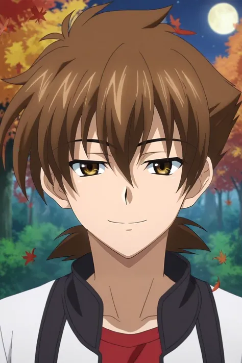 a young man with brown hair and yellow eyes standing in front of a forest