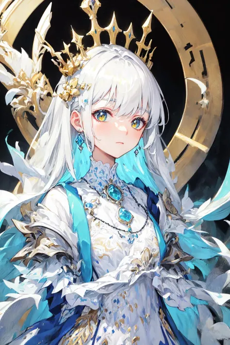 (masterpiece, best quality: 1.4), detailed background, white crystal, crysal cluster,long hair,jewelry, earrings, necklace, crown, bride, white hair, halo,  <lora:tam:1>, <lora:gsr:0.8>