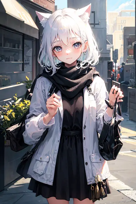 masterpiece, best quality, 1girl, white hair, medium hair, cat ears, open eyes, looking at viewer, :3, cute, scarf, jacket, outd...