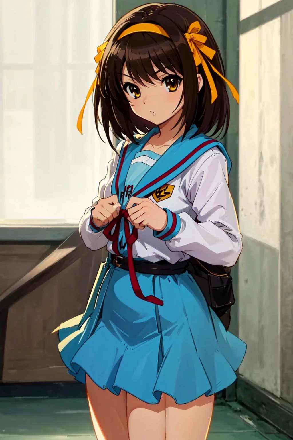 very detailed,highres,(masterpiece_1.0),(best quality_1.0),1 girl, solo,haruhi suzumiya, cowboy shot, , yellow hairband, full body, looking at viewer,