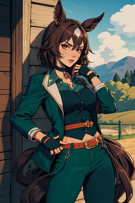 best quality, highly detailed, lifestyle, <lora:umamusume_siriussymboli-10:.9> sirius symboli, horse ears, horse tail, green jacket, collared shirt, fingerless gloves, green pants, choker, belt <lora:Ghibli_v6:0.8> scenery,