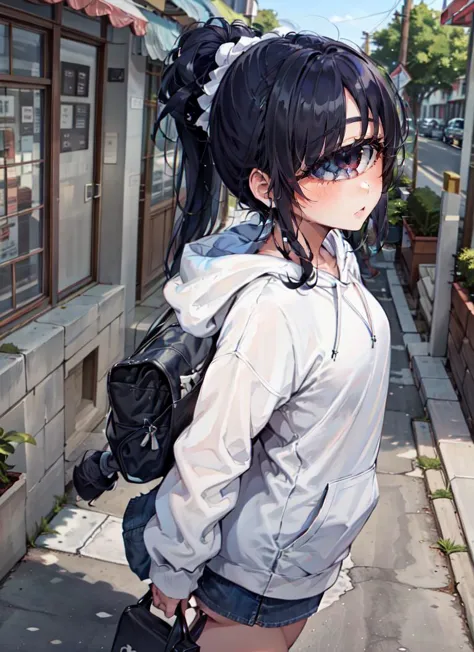 anime girl with black hair and glasses walking down a street