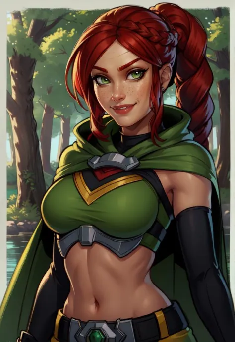 Cassie, red hair, bangs, braided ponytail , green eyes,  solo, smiling, looking at viewer, 
crop top, fingerless elbow gloves, s...