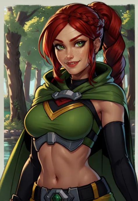 Cassie, red hair, bangs, braided ponytail , green eyes,  solo, smiling, looking at viewer, 
crop top, fingerless elbow gloves, short green cape,  short shorts, 
forest, morning, lake, (insanely detailed, beautiful detailed face, masterpiece, best quality)
 