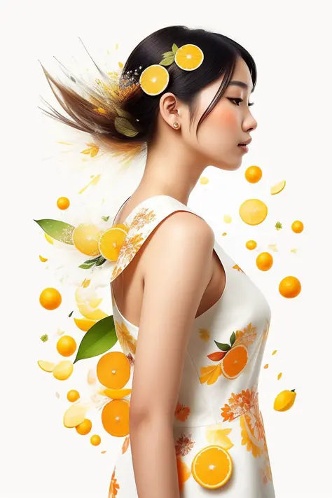 Beautiful Asian woman wearing a floral white dress, citrus fruits flying around, rainbow orange highlights, background of assorted citrus fruits, splashes of orange juice, sideview, textured, photo realistic, 12k quality <lora:splashes_v.1.1:1>