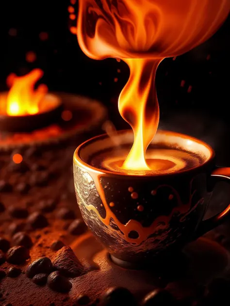 Volcano Coffee cup, latte art of maximal coffee, violently erupting out of kintsugi black lava rock coffee cups, rims glowing ho...