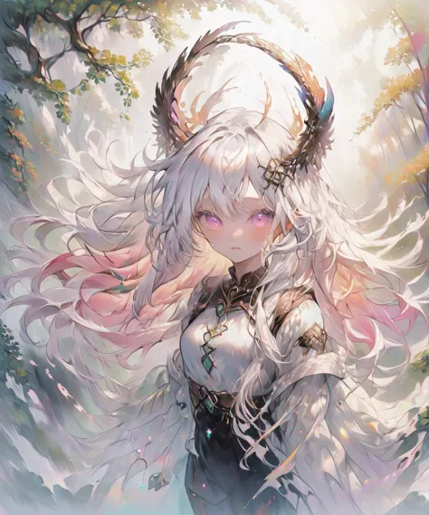 anime girl with horns and a white dress in the woods