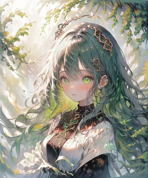 a woman with long green hair and a green dress standing in front of a tree