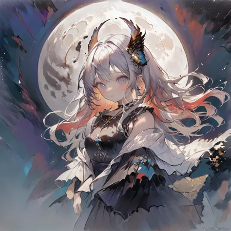 a woman with long white hair and a black dress standing in front of a full moon