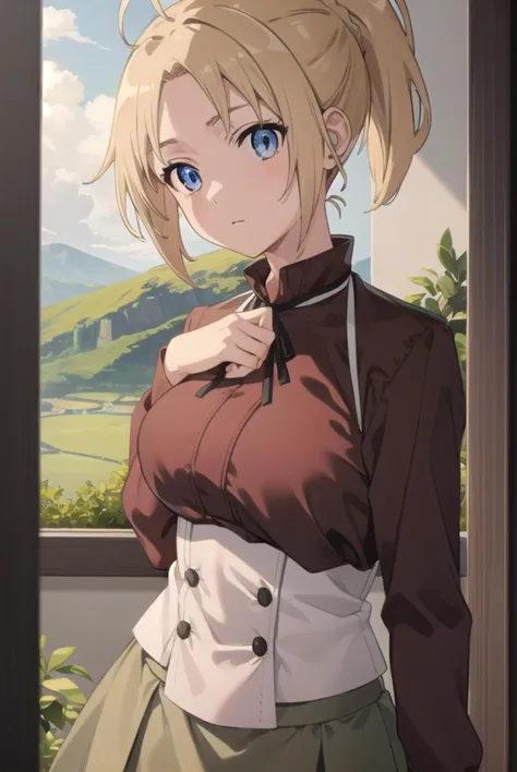 zenithgreyrat, <lyco:zenithgreyrat-lyco-nochekaiser:1>,
zenith greyrat, short hair, blonde hair, blue eyes, ponytail, ahoge,
bre...