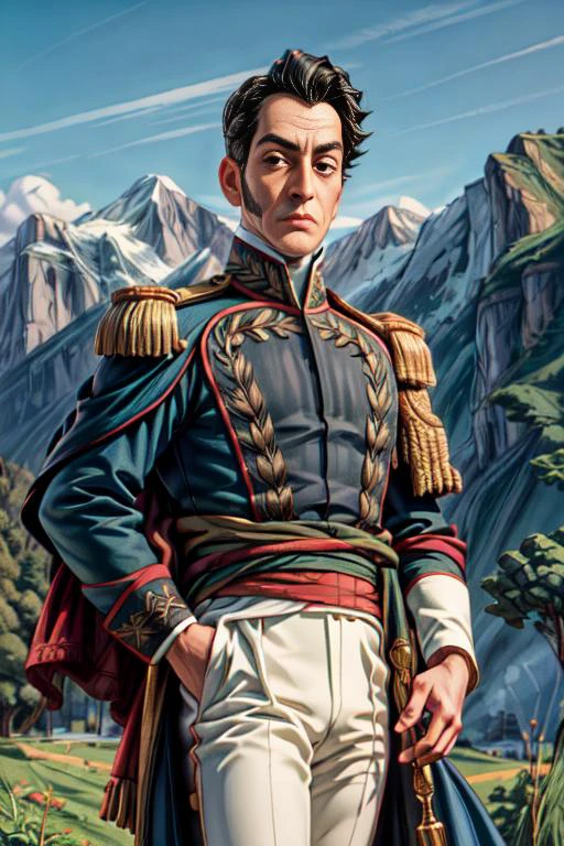simonbolivar  (best quality, masterpiece, ultra-detailed:1.2), 1boy ,solo,looking at viewer, black hair  ( sharp:1.2) ,(with a passage of plain and green nature in the background:1.1)