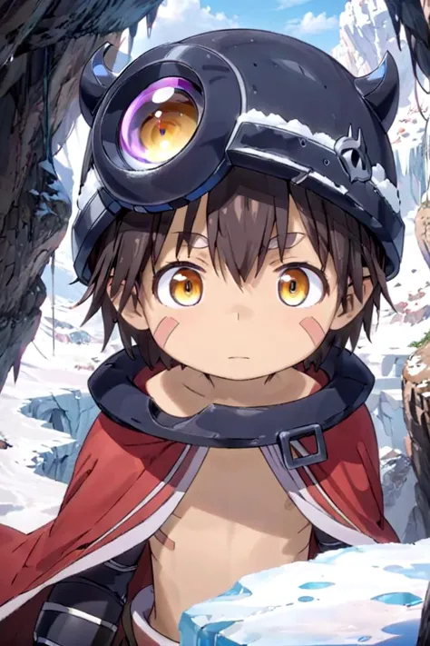 anime boy with goggles and a red coat standing in front of a snowy mountain