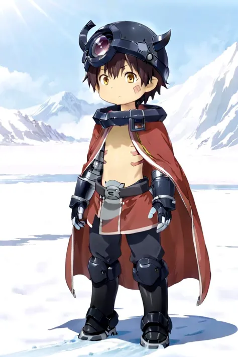 <lora:regsdxl-000027:0.7>
mia_reg, 1boy,  standing in a snowy field, he got (mechanical arms:1.3) and (mechanical legs:1.3), wearing a (black full helmet:1.2), black fake horns, wearing pants, red body mark, red facial mark, pointy ears,
his eye color is yellow, his chest is bare his naval is visible, his hair color is brown, he is wearing a red cape, mid shot, (solo:1.4)
(draw it in the style of Made in Abyss:0.2)