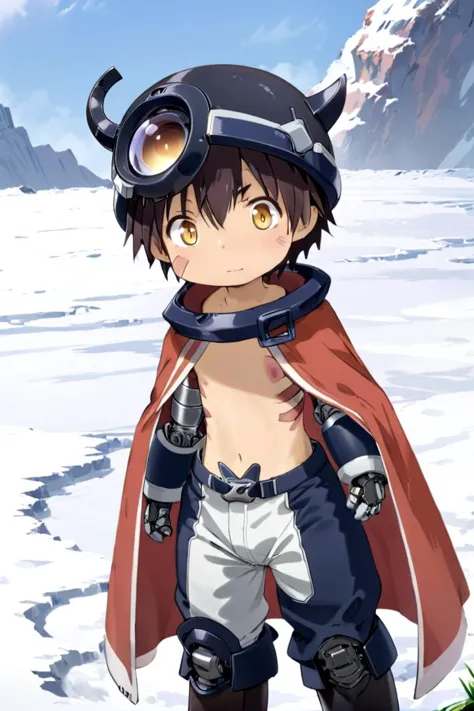 <lora:regsdxl-000027:0.7>
mia_reg, 1boy,  standing in a snowy field, he got (mechanical arms:1.3) and (mechanical legs:1.3), wearing a (black full helmet:1.2), black fake horns, wearing pants, red body mark, red facial mark, pointy ears,
his eye color is yellow, his chest is bare his naval is visible, his hair color is brown, he is wearing a red cape, mid shot, (solo:1.4)
(draw it in the style of Made in Abyss:0.2)