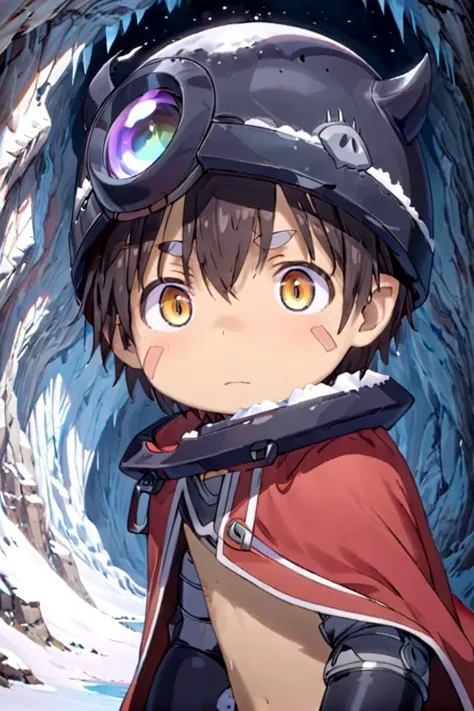 anime boy with goggles and a cape standing in front of a cave