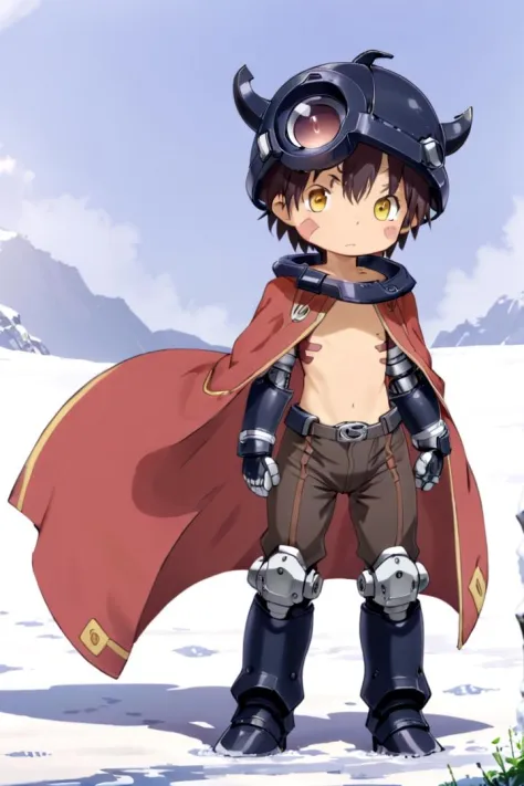 mia_reg, 1boy,  standing in a snowy field, he got (mechanical arms:1.3) and (mechanical legs:1.3), wearing a (black full helmet:1.2), black fake horns, wearing pants, red body mark, red facial mark, pointy ears,
his eye color is yellow, his chest is bare his naval is visible, his hair color is brown, he is wearing a red cape, mid shot, (solo:1.4)
(draw it in the style of Made in Abyss:0.2)