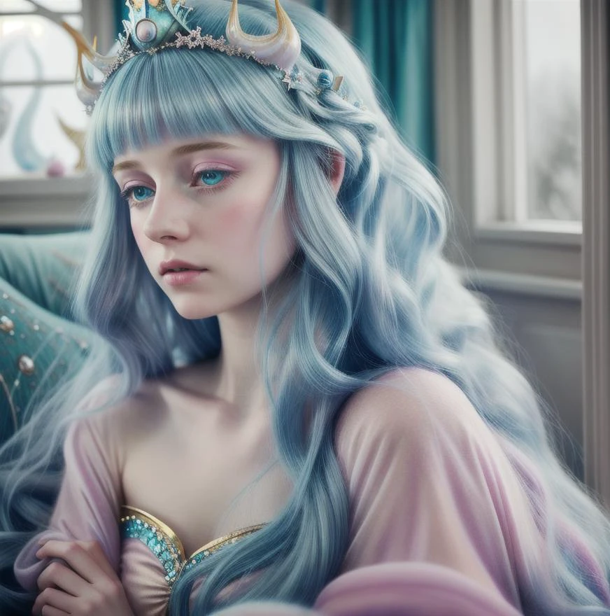 (Cinematic Photo:1.3) of (Realistic:1.3),(Cosy:1.3) Princess woman,  Blue, Pastel, glitter, dramatic, dreamy, pastel, Watercolor, Whimsical, Delicate, seashell crown, (Photorealism:1.3),(Classical Realism:1.3)