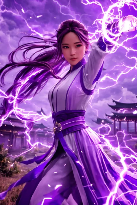 purple-lightning-aura,using purple-lightning-magic,purple-lightning-magic,ancient-costume,dancing,fighting stance,1girl,solo,long hair,brown hair,