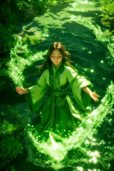 green-aura,green-magic,using green-water-magic,green-water-magic,green-water-aura,1girl,solo,closed eyes,brown hair,indoors,glowing,facing viewer,