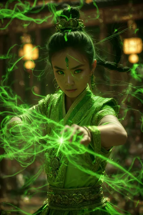 a woman in a green outfit holding a green light