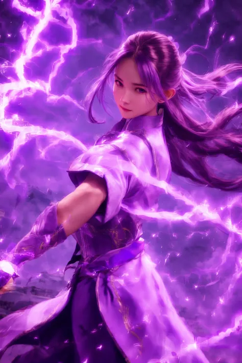 a close up of a woman with a sword in a purple dress