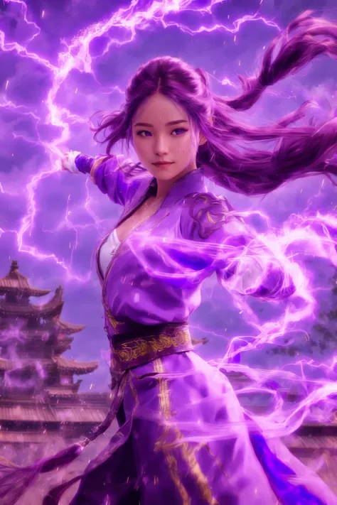 purple-lightning-aura,using purple-lightning-magic,purple-lightning-magic,ancient-costume,dancing,fighting stance,1girl,solo,lon...