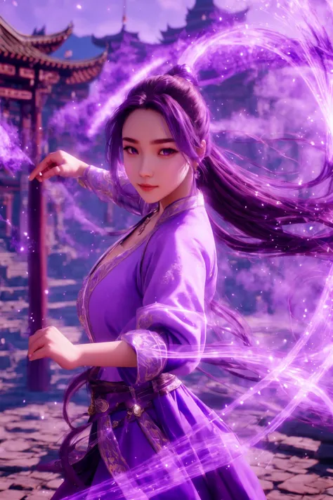 a woman in a purple dress holding a wand and a purple ball