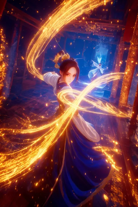 golden-aura,using golden-magic,golden-magic,ancient-costume,dancing,fighting stance,1girl,solo,