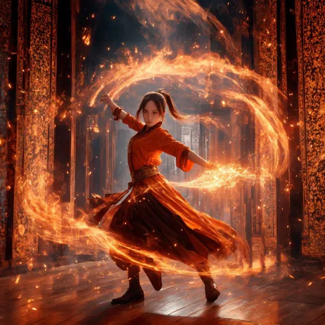 orang-aura,using orang-magic,orang-magic,ancient-costume,dancing,solo,1girl,fire,long hair,ponytail,<lora:magic_fighting_768:0.8...