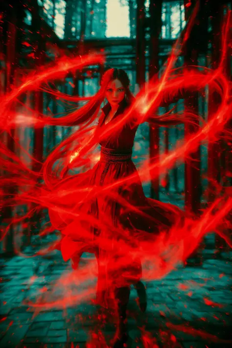 dancing,fighting stance,red-aura,using red-magic,red-magic,1girl,solo,long hair,blue eyes,common face,full body,<lora:magic_figh...