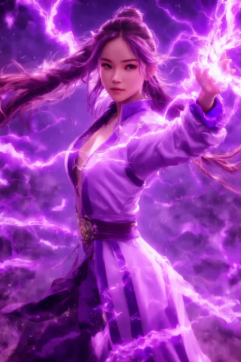 purple-lightning-aura,using purple-lightning-magic,purple-lightning-magic,ancient-costume,dancing,fighting stance,1girl,solo,lon...
