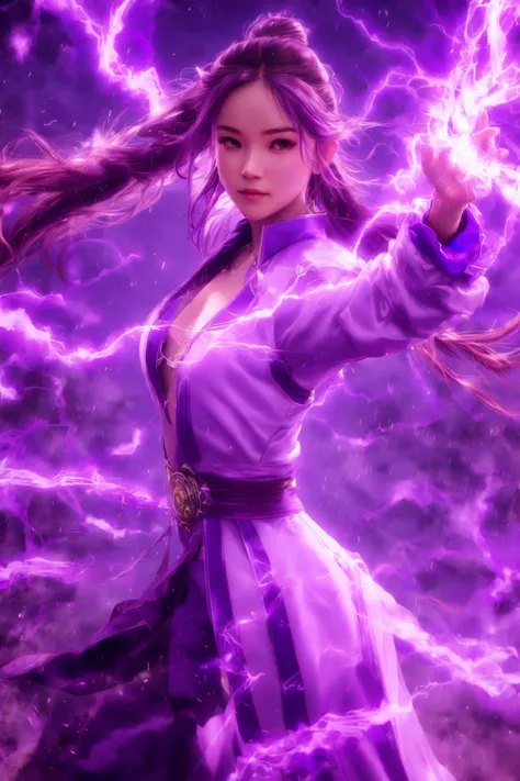 purple-lightning-aura,using purple-lightning-magic,purple-lightning-magic,ancient-costume,dancing,fighting stance,1girl,solo,long hair,brown hair,<lora:magic_fighting_purple_512_dreamshaper_8:0.8>,