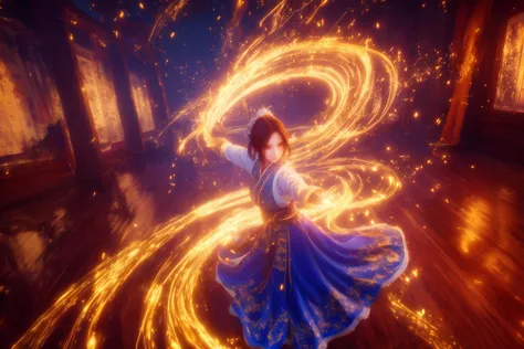 a woman in a blue dress dancing with fire in a room