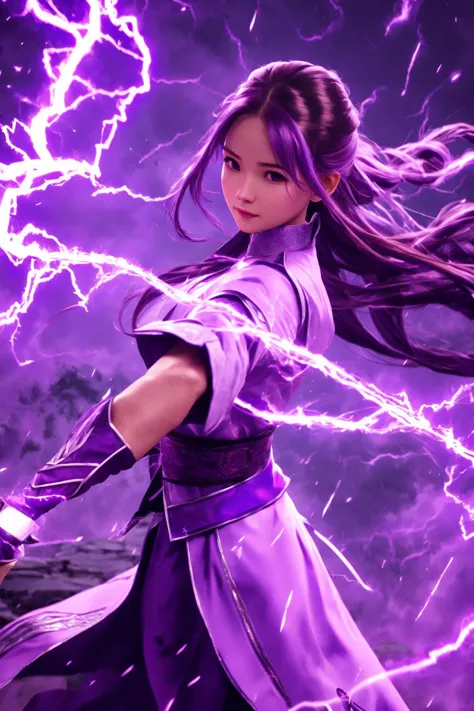 purple-lightning-aura,using purple-lightning-magic,purple-lightning-magic,ancient-costume,dancing,fighting stance,1girl,solo,long hair,brown hair,