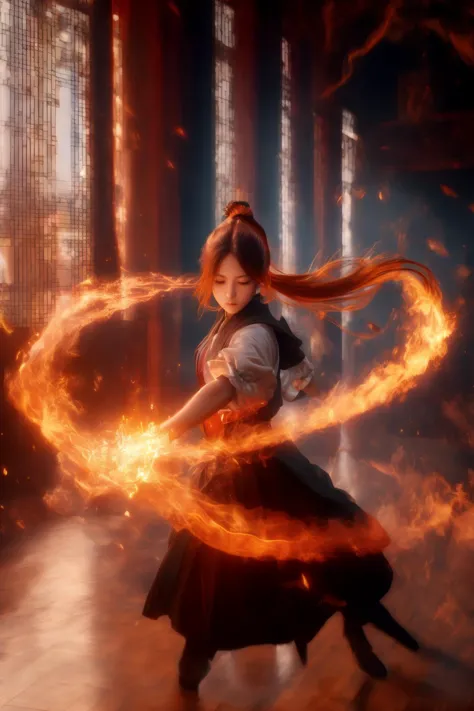 orang-aura,using orang-magic,orang-magic,ancient-costume,dancing,solo,1girl,fire,long hair,ponytail,<lora:magic_fighting_768:0.8...