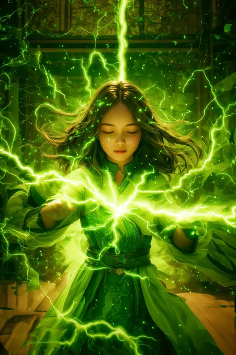 green-aura,green-magic,using green-lightning-magic,green-lightning-magic,green-lightning-aura,1girl,solo,closed eyes,brown hair,...