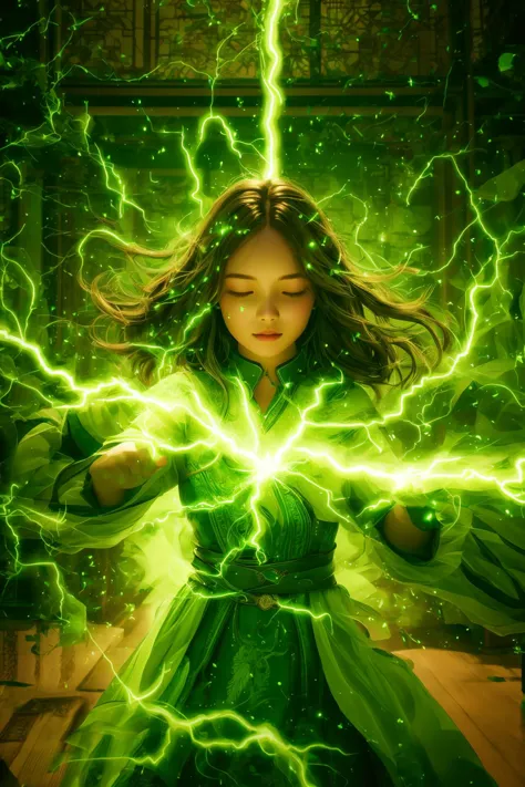 green-aura,green-magic,using green-lightning-magic,green-lightning-magic,green-lightning-aura,1girl,solo,closed eyes,brown hair,indoors,glowing,facing viewer,