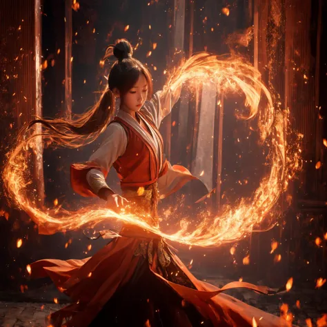 orang-aura,using orang-magic,orang-magic,ancient-costume,dancing,solo,1girl,fire,long hair,ponytail,