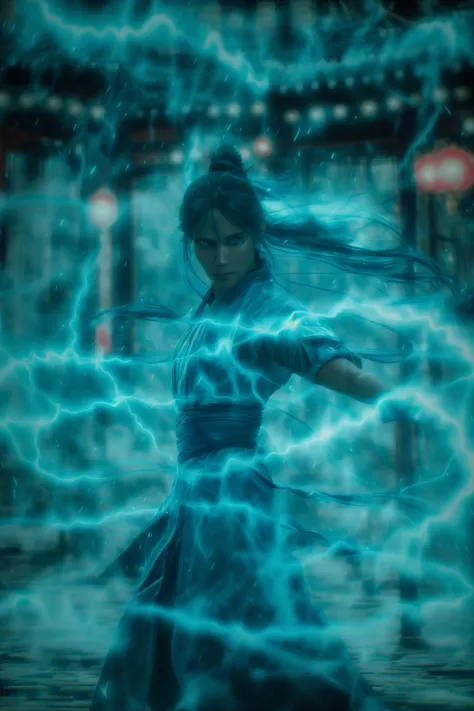 a close up of a person in a blue dress with a lightning effect